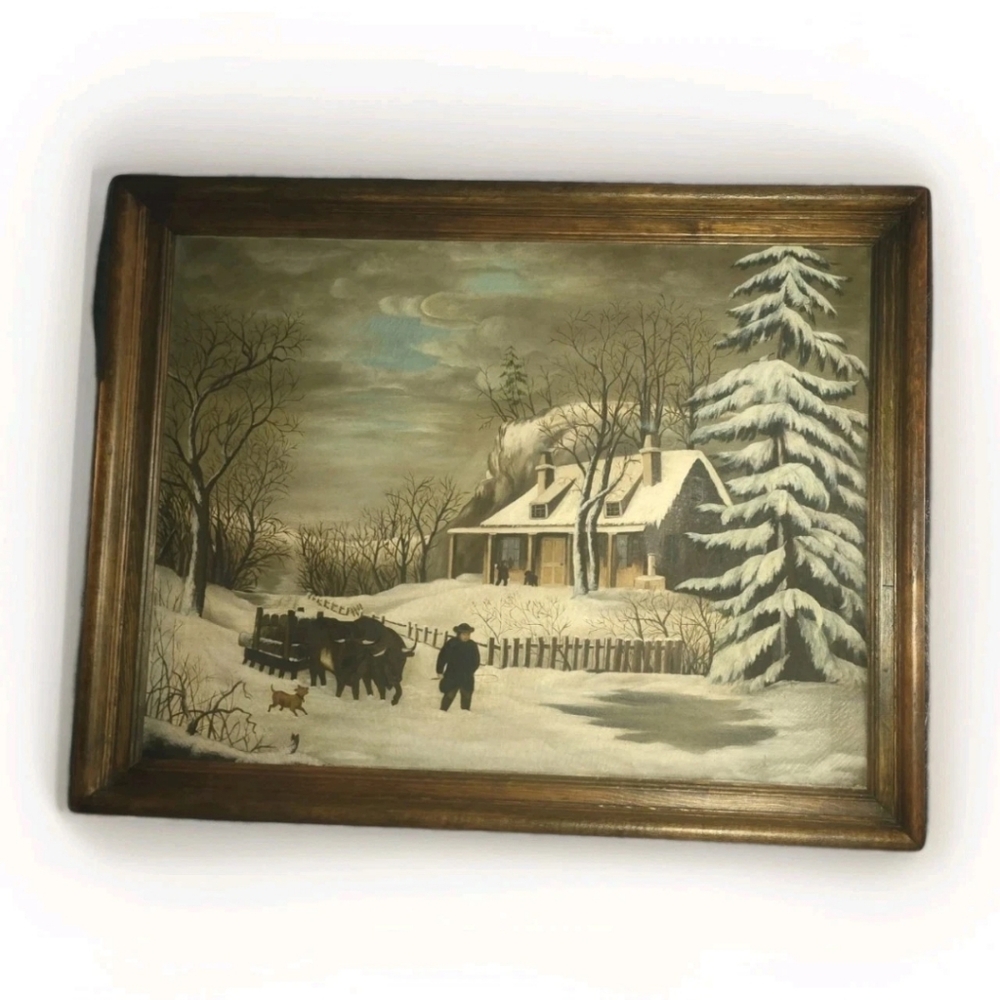Antique Art Oil Painting Bring Home The Logs Winter Scene 1800s Framed